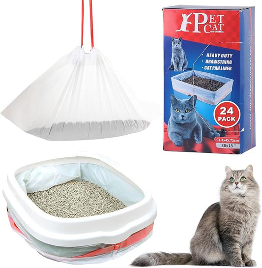Jumbo Cat Litter Box Liners with Drawstring, 24 Count Extra Thick and Durable Litter Box Liner Bag Disposable Waste Bags for Home/Kitchen Trash Cans (36" x 18")