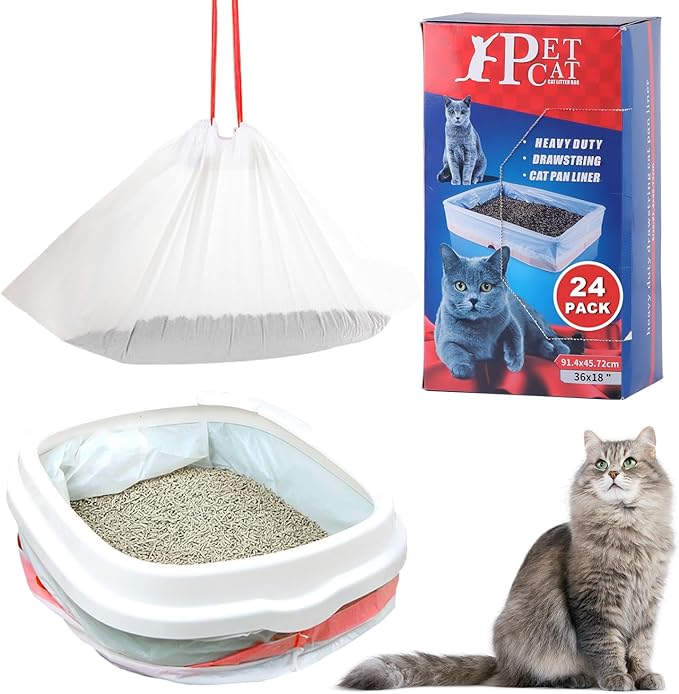 Jumbo Cat Litter Box Liners with Drawstring, 24 Count Extra Thick and Durable Litter Box Liner Bag Disposable Waste Bags for Home/Kitchen Trash Cans (36" x 18")