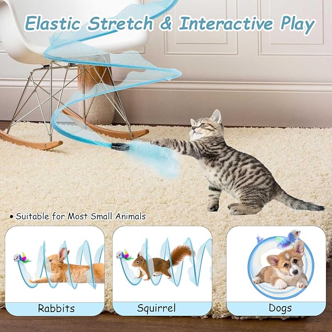 1PCS Folded Cat Tunnel Toy, Cat Tunnel Mice Tube Cat Springs for Indoor with Feather, Mouse Toys Interactive Cat Toy Tunnel Self-Happy Cat Toys, S-Type Collapsible Tent Blue