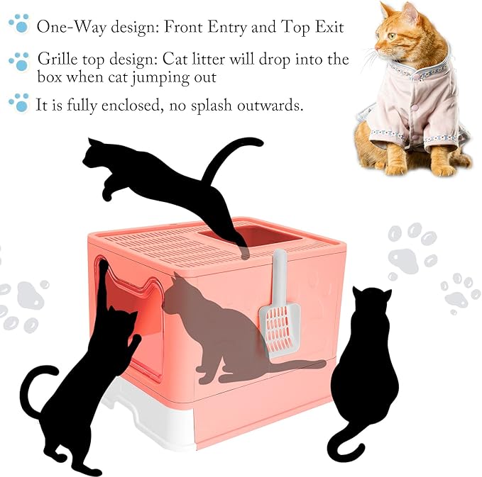 ROCCS Foldable Pink Cat Litter Box with Lid,No Smell Large Top Entry Litter Box with Cat Litter Scoop,Covered Drawer Type Kitty Potty,Including Fur Brush & Cleaning Glove, 20" x 16" x 15"
