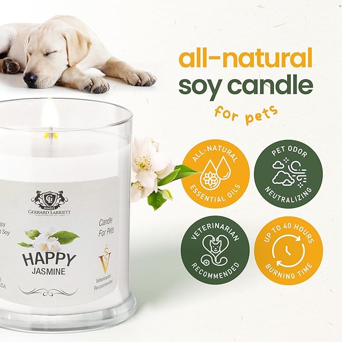 Pet Odor Eliminator Candle Happy Jasmine Scented Candles for Home Decor - Calming Candles Aromatherapy, Soy Wax Pet Candles Odor Eliminator for Home - Pet Friendly Candles by Gerrard Larriett