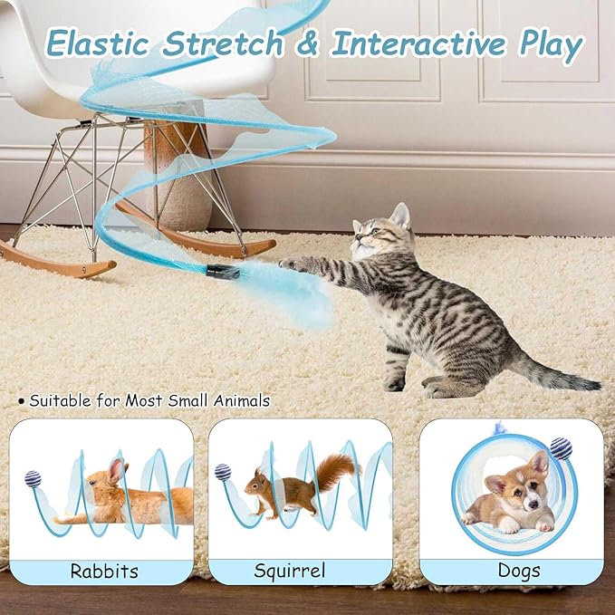 Cat Tunnel, Folded Cat Tunnel Toy 1PCS, Blue Sisal Hemp Ball Tube Cat Springs for Indoor with Feather, Mouse Toys Interactive Cat Toy Tunnel Self-Happy Cat Toys, S-Type Collapsible Tent