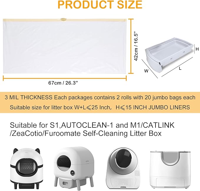 ELEGX 80 Count Litter Box Liners, 3MIL Extra Thick Heavy Duty, Automatic Self Cleaning Litter Robot Cat Waste Bag, 26.6" x 16.7" Compatible with S1,AUTOCLEAN-1 and M1/CAT LINK/Zea Cotio/Furoo mate