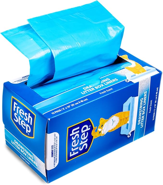Fresh Step Drawstring Cat Litter Box Liners, Fresh Scent, Size Jumbo, 36" x 19" | Kitty Litter Bags - 15 Count - Cat Litter Liners for Rectangle or Oval Large Litterboxes
