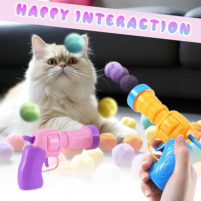 102Pcs Cat Ball Toy Launcher Gun,Cat Balls Fetch Toy - Includes 100 Colorful Plush Cat Balls and 2 Exciting Launchers Set,for Bored Indoor Adult Cats, Cute Kitten Kitty Toys