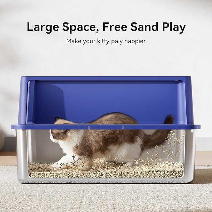 Extra Large 28" x 20" Litter Box Pan for Big Cats Maine Ragdoll Metal Large Enclosed Stainless Steel Litterbox with Lid Litter Scoop Blue, Non-Sticky, Anti-Leakage, Easy Cleaning