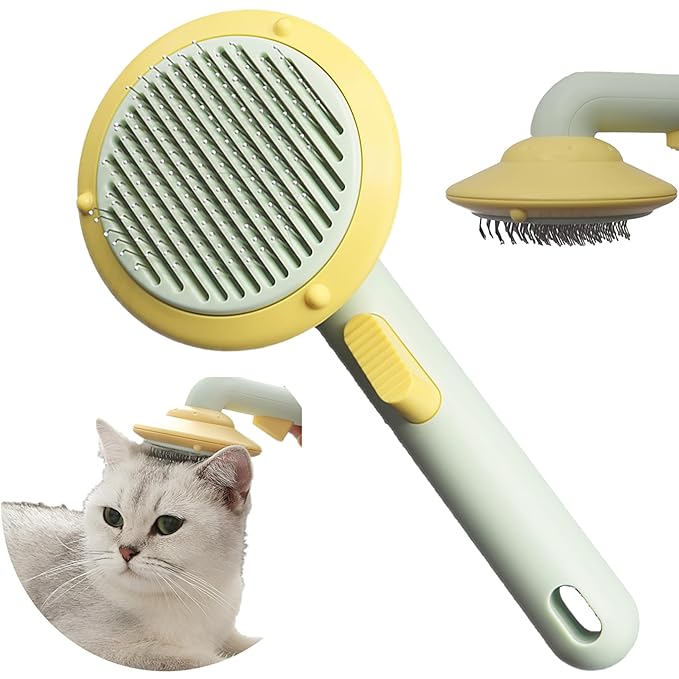 Cat Brush With Release Button Self Cleaning Cat Hair Brush Flea Comb Cat Brush For Shedding Indoor Cat Long Haired Short Haired Dog Grooming Supply Cat Essential Hangable UFO Shape (Green)