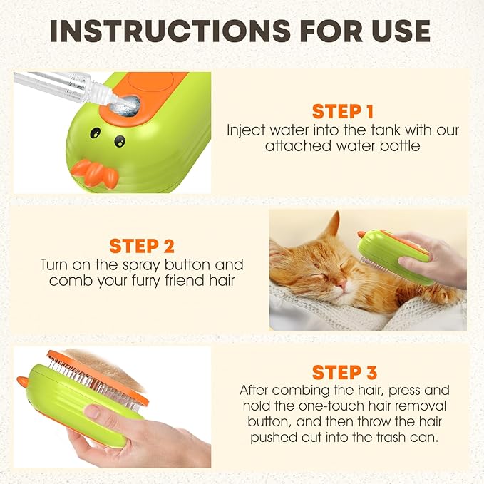 Cat Steam Brush, 3 In 1 Self-Cleaning Steam Cat Brush for Shedding with Release Button, Cat Deshedding Hair Brush with Steam for Long & Short Haired Cats and Dogs, Removes Tangled and Loose Hair