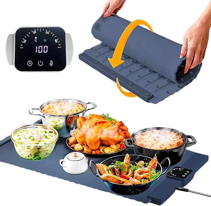 Electric Warming Tray, Full Surface Heating, Portable Food Warmer Rolling Silicone Mat, Food Warmer for Parties FeaturesFoldable Design & Fast Heating, Warming Plate for Buffet