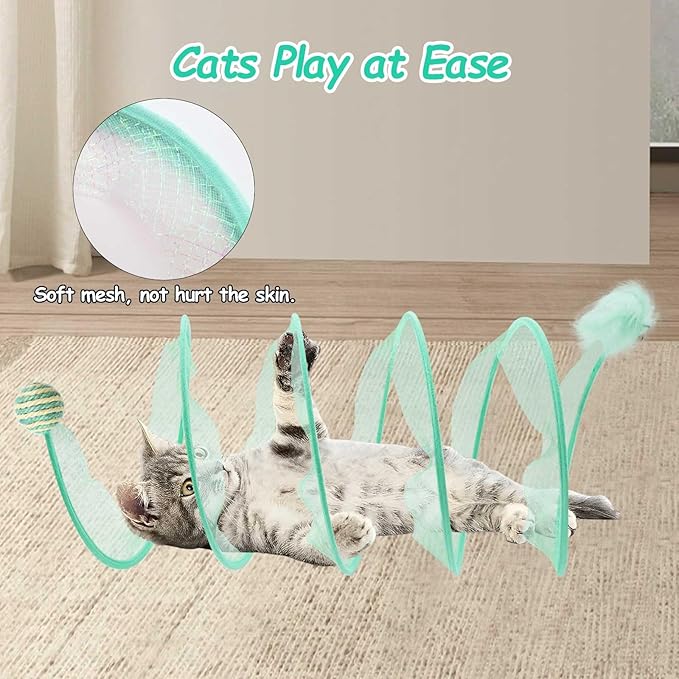 Cat Tunnel, 1PCS Folded Cat Tunnel Toy, Cyan Sisal Hemp Ball Tube Cat Springs for Indoor with Feather, Mouse Toys Interactive Cat Toy Tunnel Self-Happy Cat Toys, S-Type Collapsible Tent