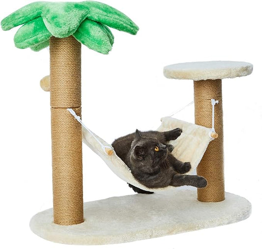 LUCKITTY Small Cat Scratching Posts Kitty Coconut Palm Tree-Cat Scratch Post for Cats and Kittens - Natural Jute Sisal Scratch Pole Cat Scratcher (Post &Hammock)