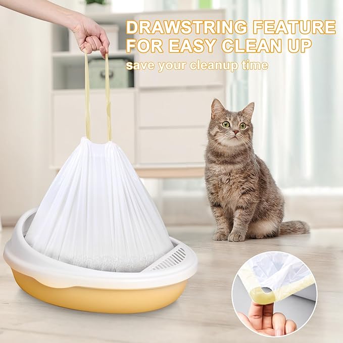 ELEGX 20 Count Litter Box Liners,HDPE Material 3MIL Extra Thick Heavy Duty 46" x 18" Jumbo Drawstring Cat String Liners,Compatible with Nature's Miracle/Petmate/Van Ness/IRIS,Tear & Leak Resistant