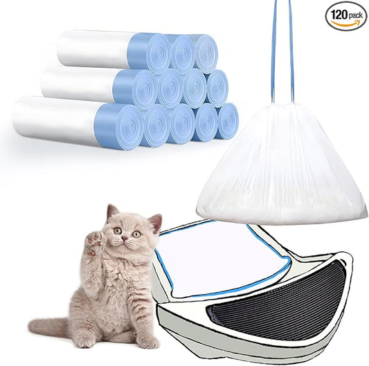 GEMLORD 120 Count Cat Litter Box Liner Bags Replacement Compatible with Litter-Robot 3 and 4, Waste Drawer Liners Bags Thick Self-cleaning Cat Litter Box Liners with Drawstring 10-12 Gallons