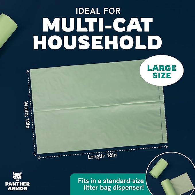 Panther Armor Cat Litter Bags, 100 Large Unscented Poop Bags - 16x12in Super Large Kitty Litter Bags - Leak Proof Litter Box Trash Bags - Odor Proof Cat Disposal