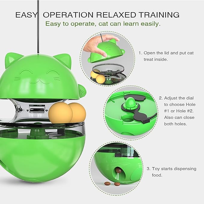 2 in 1 Cat Treat Dispenser Toy - Cat Interactive Toy and Cat Treat Ball, Tumbler Interactive Ball Cat Puzzle Feeder, Cat Food Puzzle Toy,Suitable for All Types of Cats and Small pet Dogs(Green)