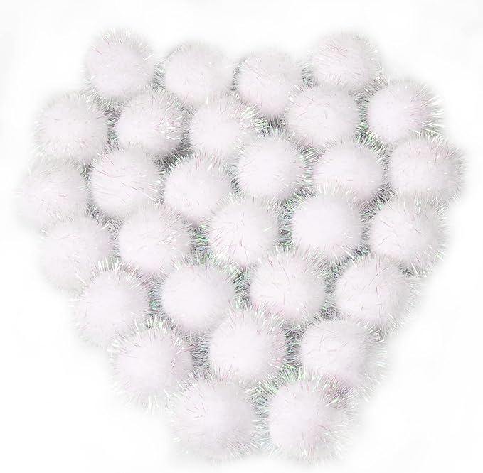 VAPKER 30 Pcs Cat Ball Toys Sparkle Balls Extra Large 2 Inch Cat's Favorite Chase Glitter Ball Glitter Tinsel Pom Poms Balls White Color