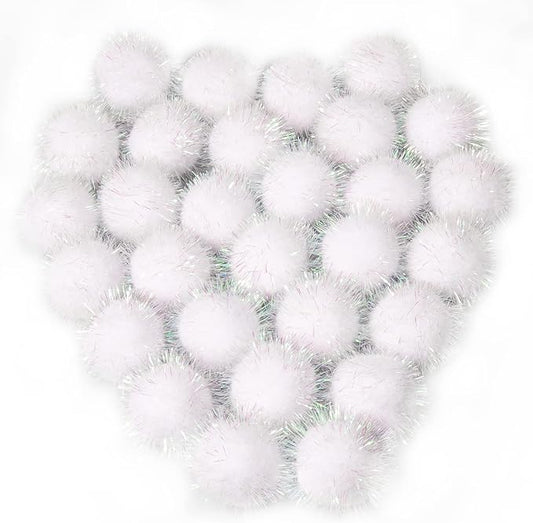 VAPKER 30 Pcs Cat Ball Toys Sparkle Balls Extra Large 2 Inch Cat's Favorite Chase Glitter Ball Glitter Tinsel Pom Poms Balls White Color
