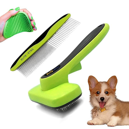ELITE ETAIL Self Cleaning Pet Hair Brush with Additional Comb and Bath Brush - Skin Friendly Pet Grooming Kit for Dogs and Cats, Detangling, Deshedding, and Bathing Tools for All Fur Types. 7 in long
