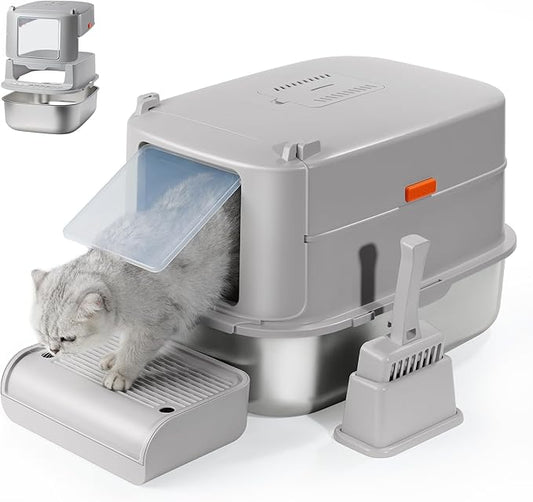 Stainless Steel Litter Box with Lid – XL Removable Covered Cat Litter Box with Door Flap,Extra Large Enclosed Metal Litter Box with High Sides,Litter Scoop – Durable & Easy to Clean,LightGrey