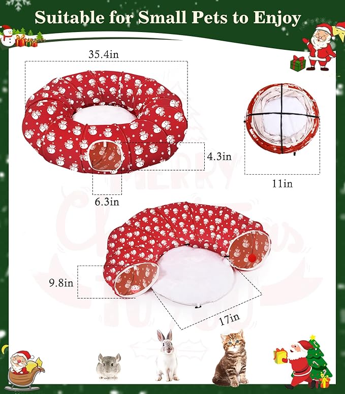 Pawaboo Cat Tunnel Bed Under Christmas Tree, 35.4'' Christmas Cat Toy Circle Tunnel with Toy Ball, Decorative Christmas Festive Foldable Kitty Tube Tunnel for Cat Small Animal (Red Snowman)