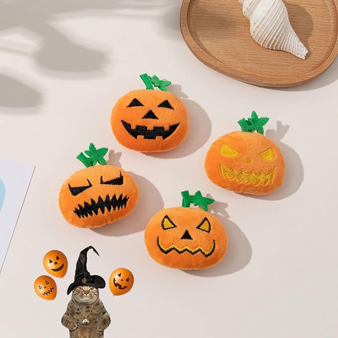 4PCS Halloween Pumpkin Cat Squeaky Toys Interactive Plush Pet Toy for Indoor Cats with Squeaker