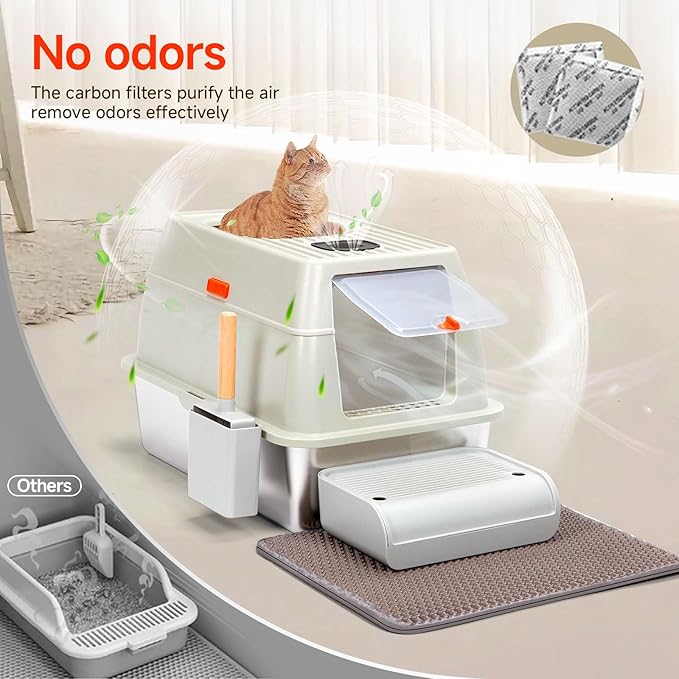 Stainless Steel Litter Box with Lid,Extra Large Metal Litter Box for Big Cats,Front Entry Top Exit Kitty Litter Box,Covered Litter Box with Triple Pedal,Scoop and Mat,Odor Free,Non-Sticky,Anti-Leakage