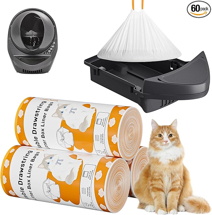 Cat Litter Box Robot 4 and 3 Waste Bags - 60 Count Heavy-Duty Cat Litter Box Liners Bags, Extra Thick Drawstring Waste Bags for Self-Cleaning Litter Box, 9-11 Gallons