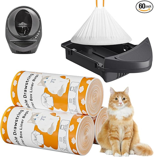 Cat Litter Box Robot 4 and 3 Waste Bags - 60 Count Heavy-Duty Cat Litter Box Liners Bags, Extra Thick Drawstring Waste Bags for Self-Cleaning Litter Box, 9-11 Gallons