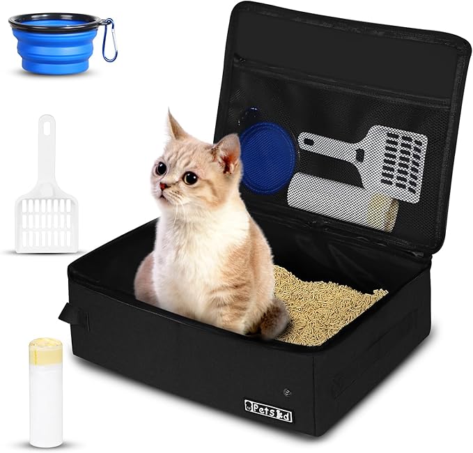 Petskd Portable Cat Travel Litter Box with Lid and 10 pcs Disposable Liner Bags, Leak-Proof and Collapsible, Cat Travel Essentials for Car Travel, Hotel, Airplane and Other Outdoor Use(Black)