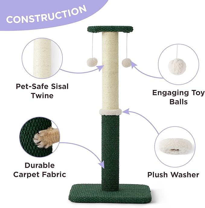 Lesure 34" Tall Cat Scratching Post - Highly Resistant Carpet Scratch Post, Premium Sisal Rope Scratch Posts Kitten and Adult Cats, Sturdy Large Scratch Pole with Hanging Ball, Green