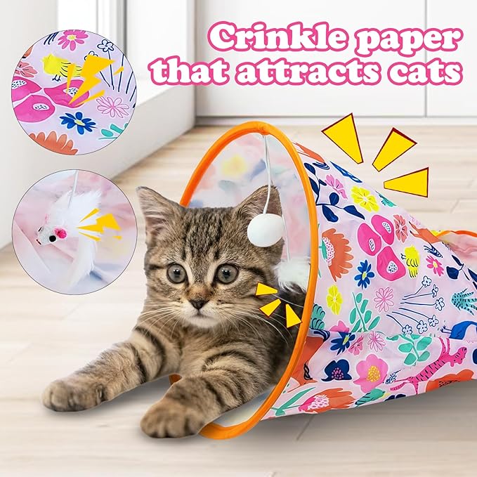 Andiker Cat Tunnel Bags for Indoor Cats, 13x17x12In Foldable Cat Crinkle Bag with 3 White Plush Balls and 1 Mouse 5 Holes for Kitten to Hide and Catch 3 Layers Cat Toy (Zoo)
