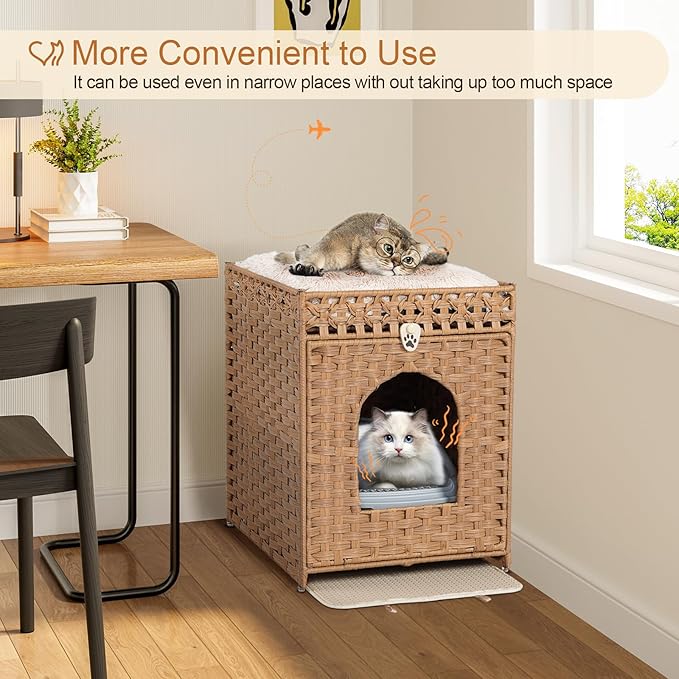 Snughome Cat Litter Box Enclosure Furniture Hidden with Cat Litter Mat, Hidden Cat Washroom Furniture with Door, Handwoven Rattan Cat Washroom Box, Indoor Pet House for Living Room, Bedroom(Natural)