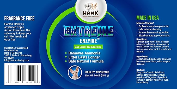 Extreme Enzyme, CAT Litter Odor Eliminator. Triple-Action Deodorizing Powder with Natural enzymes, Ammonia removers and Activated Baking soda. Fragrance Free & Made in USA (1lb)