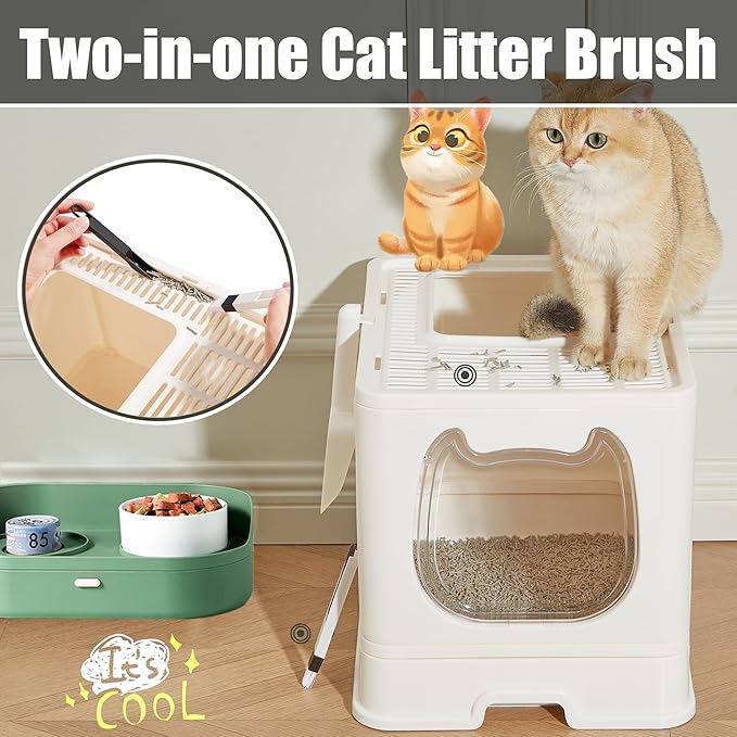 Vealind Covered Cat Litter Box with Sifting Lid, Kitty Litter Box Enclosure, Top Entry Enclosed Litter Box with Litter Scooper and Brush, Easy Clean Hooded Travel Litter Box for Cats, Beige Litter Box