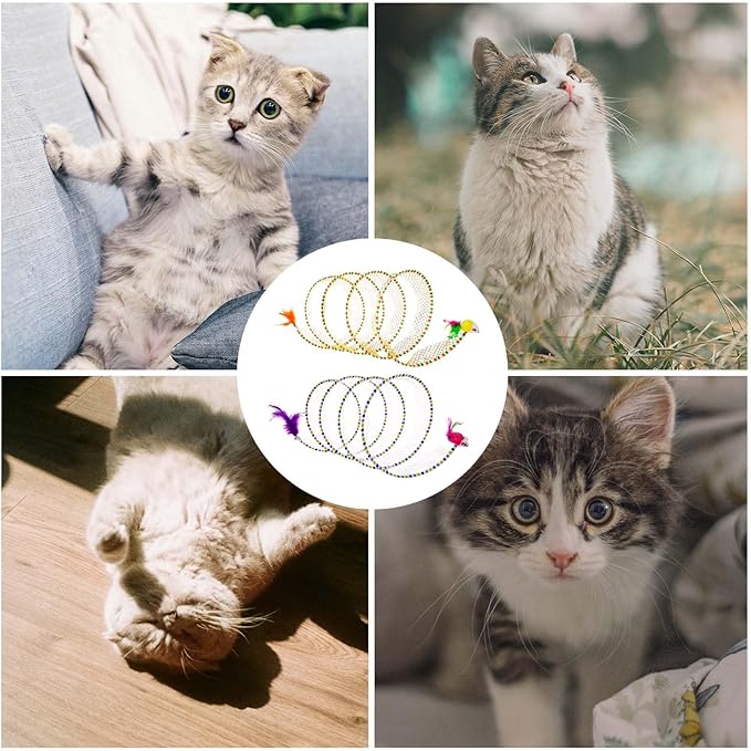 2pcs Cat Tunnels for Indoor Cat, S Type Folded Cat Tunnel Spring 10in Large Size Collapsible Spiral Cat Toy with Feather and Mouse Toy for Pet Puppy Kitten Interactive Exercise(Striped Yellow, Purple)