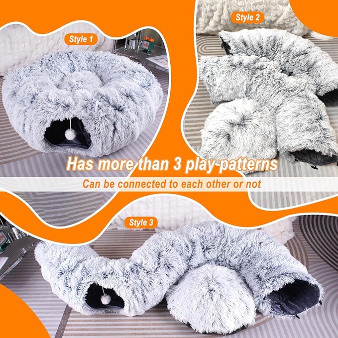 Cat Tunnel Bed for Indoor Cats,Large cat Donut Tunnel 3 Forms Peekaboo cat cave with Washable Cushion Multifunctional Cat Toys for Cats Rabbit,Cat Bed + Cat Tunnel+Cat Toys (Cat Tunnel Bed no Plush)