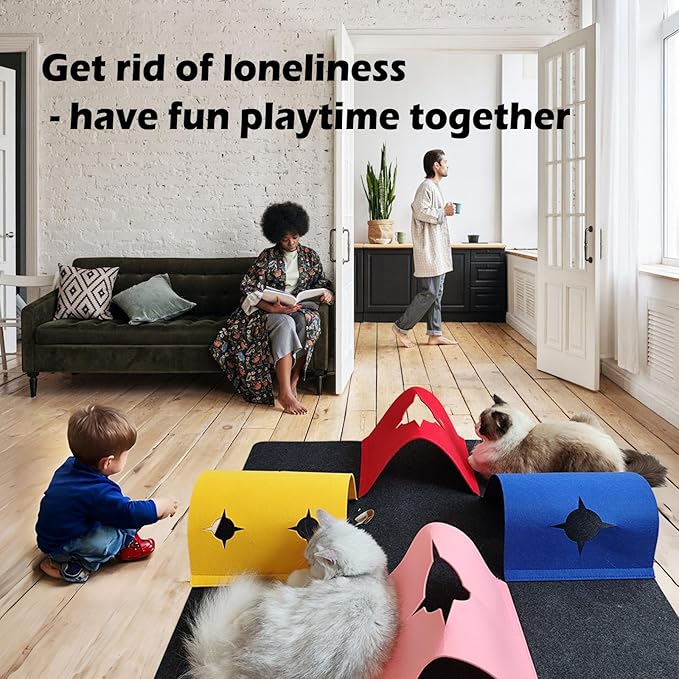 Cat Play Mat, Collapsible Cat Activity Mat with Cat Cave and Cat Tunnel, Fun Tunnel Cat Carpet, and Stimulating Cat Toys, The Perfect Combination of Entertainment and Rest