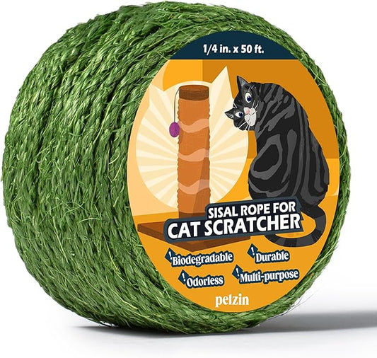 Natural Sisal Rope for Cat Scratcher 1/4 Inch by 50 Feet, Cat Tree Rope Twine for Cat Scratching Post Replacement, Cat Tower with Scratch Post Repairing, Replace, Recovering and DIY, Green
