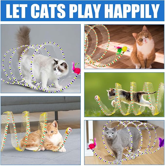 2pcs Cat Tunnels for Indoor Cat, S Type Folded Cat Tunnel Spring 10in Large Size Collapsible Spiral Cat Toy with Feather and Mouse Toy for Pet Puppy Kitten Interactive Exercise(Striped Yellow, Purple)