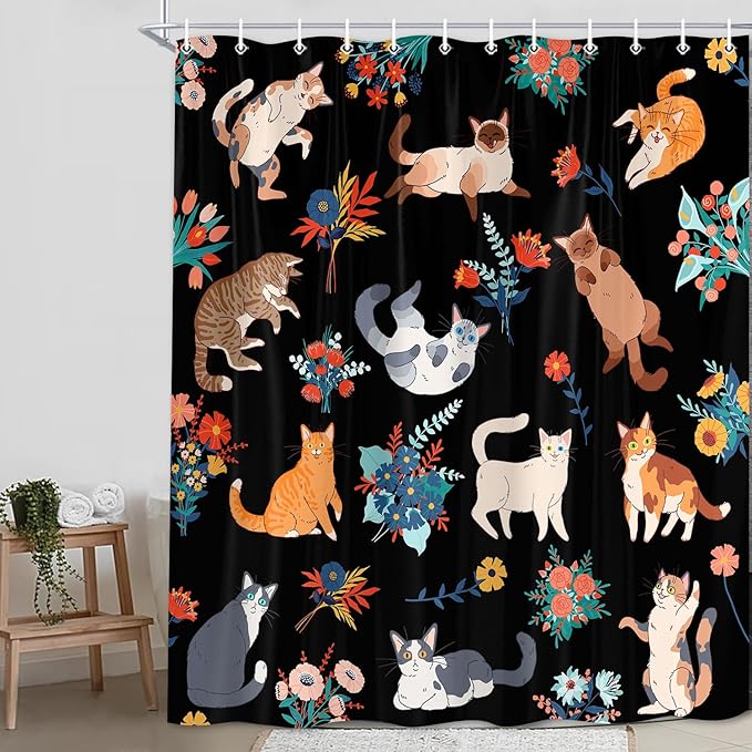 Cute Cat Shower Curtain With Flowers, Black for Bathroom Decor, Funny Set With Hooks, Kids 72X72in