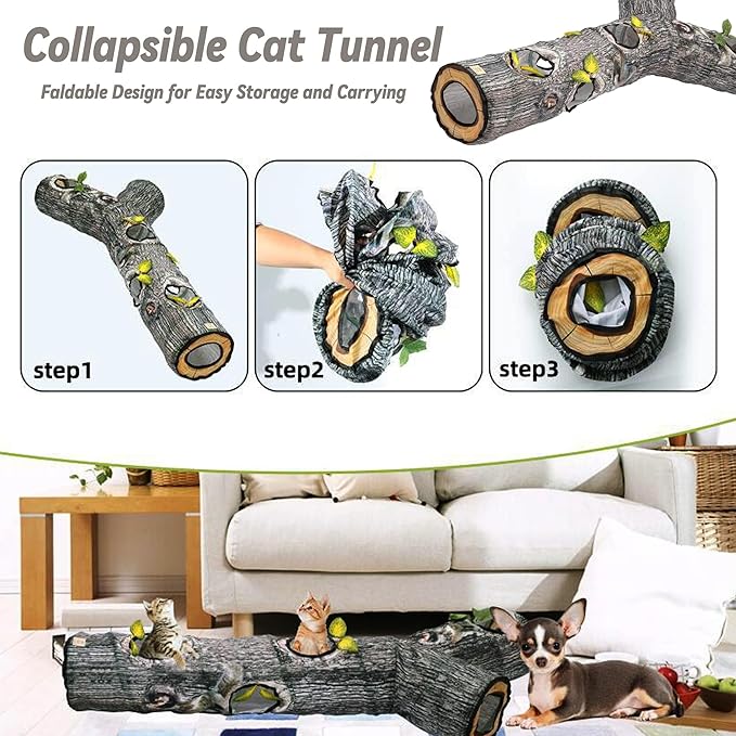 Cat Tunnel,3 Way Cat Toys,Cat Tunnels for Indoor, Cat Maze for Kitty, Puppy, Kitten, and Rabbit to Chase and Play, Collapsible Tube, Easy to Store Cat Tube Toys,L59,Tree Designs Cats Gift