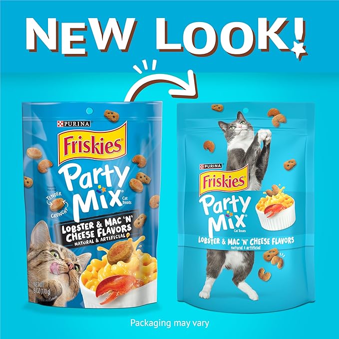 Purina Friskies Cat Treats, Party Mix Lobster & Mac 'N' Cheese Flavors - (Pack of 6) 6 oz. Pouches