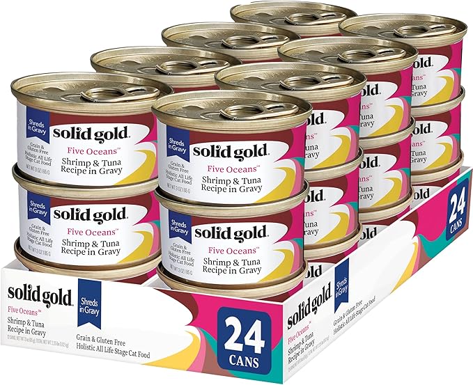 Solid Gold Wet Cat Food Shreds in Gravy - Canned Cat Food Made w/Real Tuna & Shrimp - Five Oceans Grain Free 24ct/3oz Can