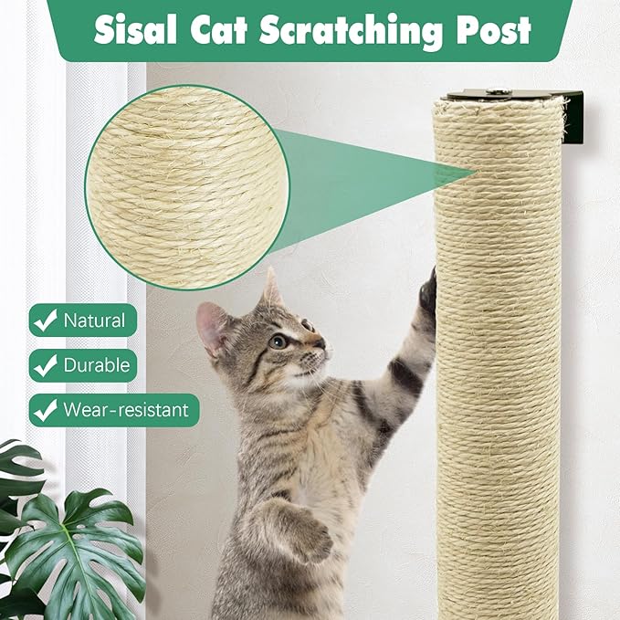 Wall Mounted Scratching Post for Cats 16 Inches Sisal Rope Cat Wall Scratcher Posts Wall Mount Cat Furniture for Indoor Kittty to Scratch and Climbing with Feather Toys