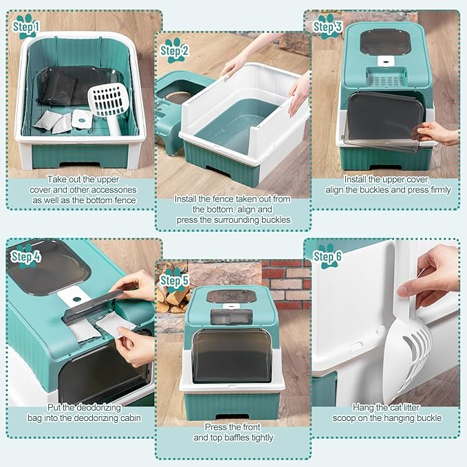 Tioncy 7 Pcs Small Cat Kitten Starter Kit Cat Litter Box with Shovel Cat Paw Litter Mat Double Automatic Cat Bowls Cat Toy Teaser Stick Cat Collar Essentials Kits for 1-3 Lbs Beginner (Green)