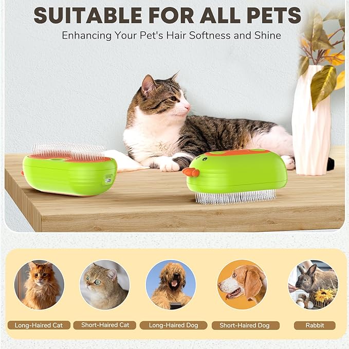 Cat Steam Brush, 3 In 1 Self-Cleaning Steam Cat Brush for Shedding with Release Button, Cat Deshedding Hair Brush with Steam for Long & Short Haired Cats and Dogs, Removes Tangled and Loose Hair