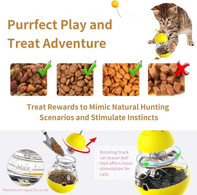 Cat Interactive Toy Indoor, Cat Treat Dispensing Toy, Slow Feeder Puzzle Toy for Cats, Food Dispensing Ball for Pets, Fun Interactive Enrichment Wand Toy for Cats