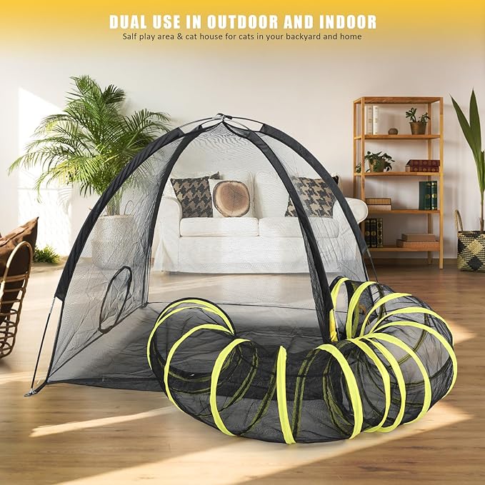 Outdoor Cat Enclosures for Indoor Cats - Portable Cat Tents for Outside - Outdoor Cat Tent with Circle Cat Tunnel W/Cat Toys - Cat Outdoor Playpen Enclosed Large for Multiple Cats