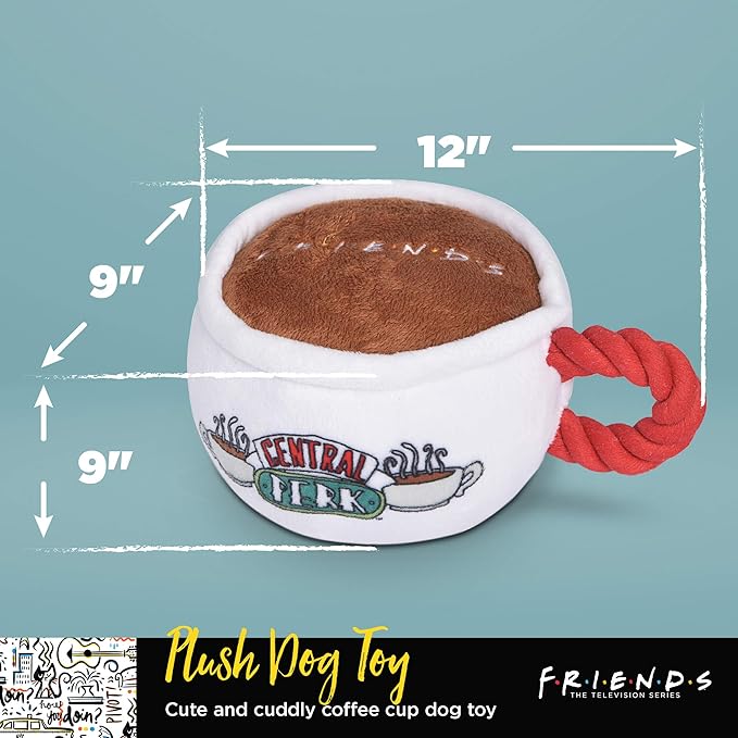 Central Perk Coffee Mug Plush Dog Toy With Rope Handle | 12-Inch Cute Squeaky Toy for All Dogs | Stuffed Dog Toys With Squeaker, Friends Memorabilia