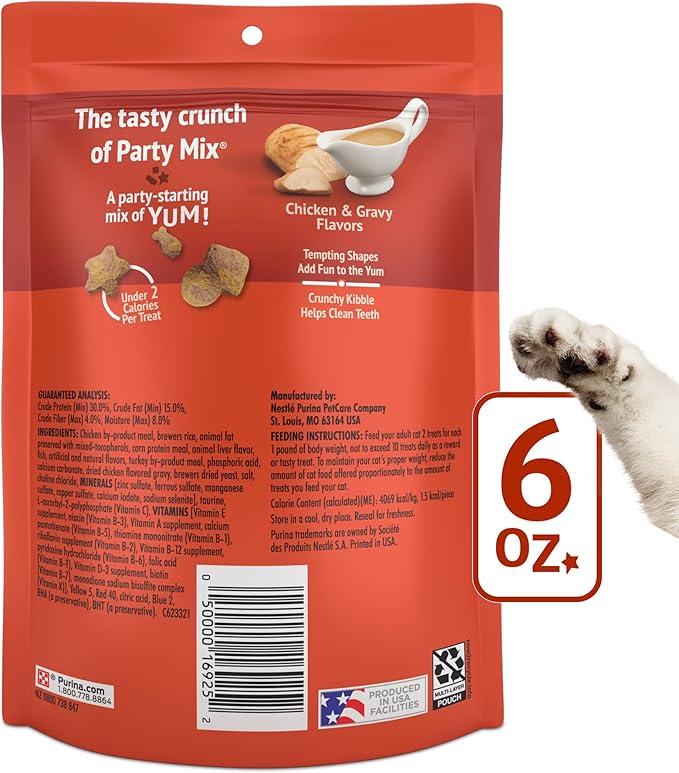 Purina Friskies Cat Treats, Party Mix Gravy-licious Crunch Chicken and Gravy Flavors - (Pack of 6) 6 oz. Pouches